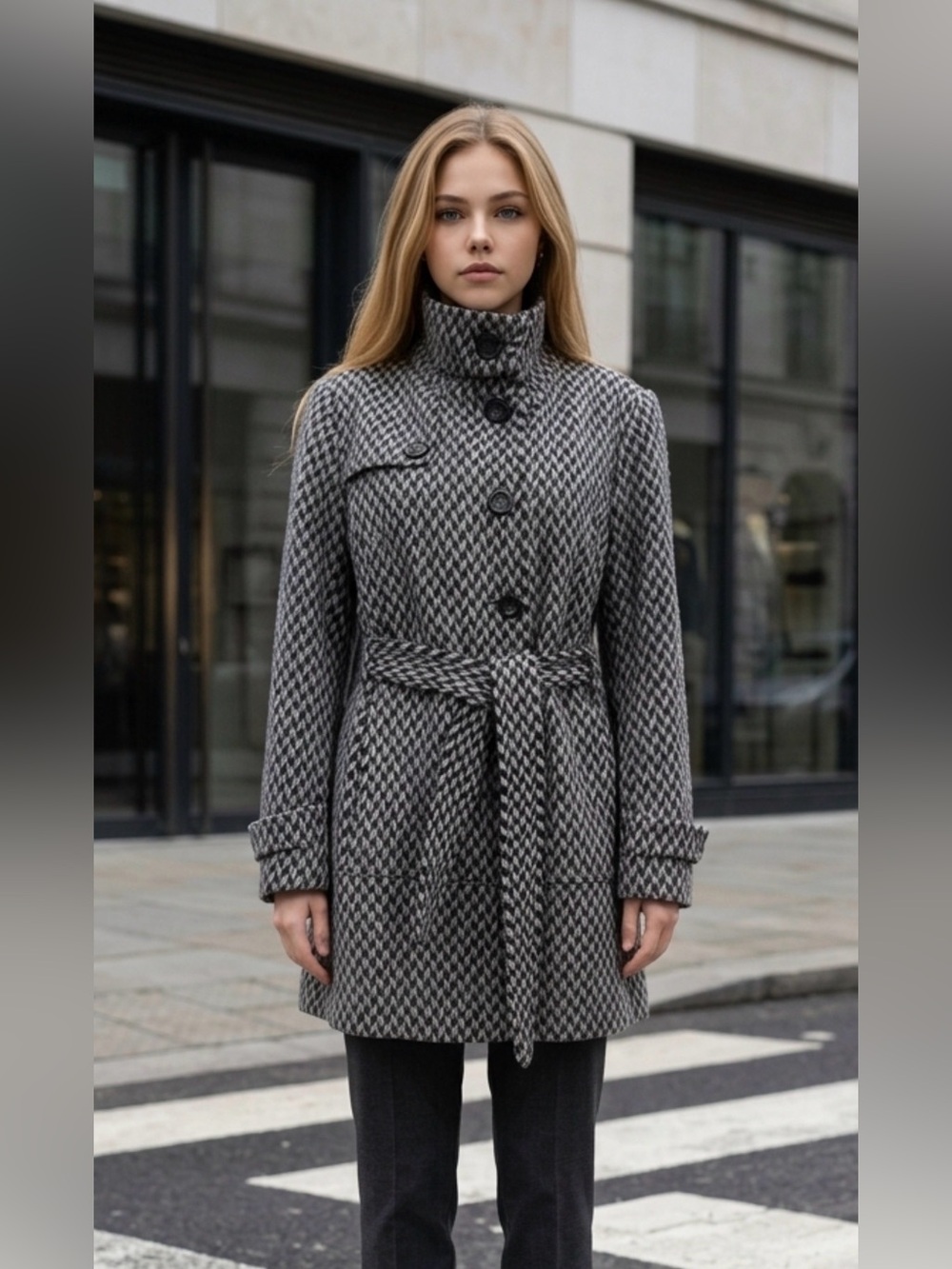 Kenneth Cole Gray Houndstooth Belted Trench Coat
